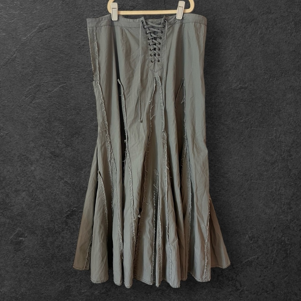 CAbi #450 Light Sage Lace-up Front Maxi Skirt Frayed Distressed Trim Size S